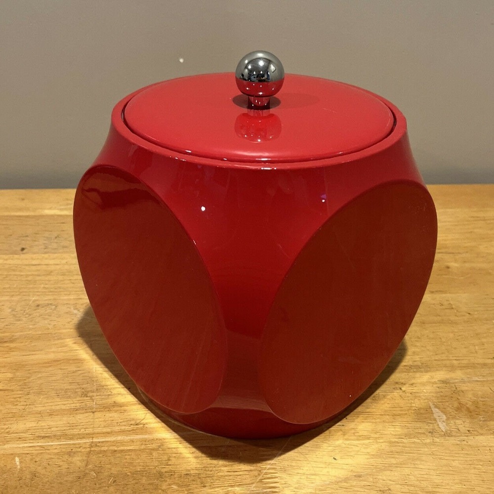 Vintage MCM Red Cube‎ Vinyl Ice Bucket Barware Circles